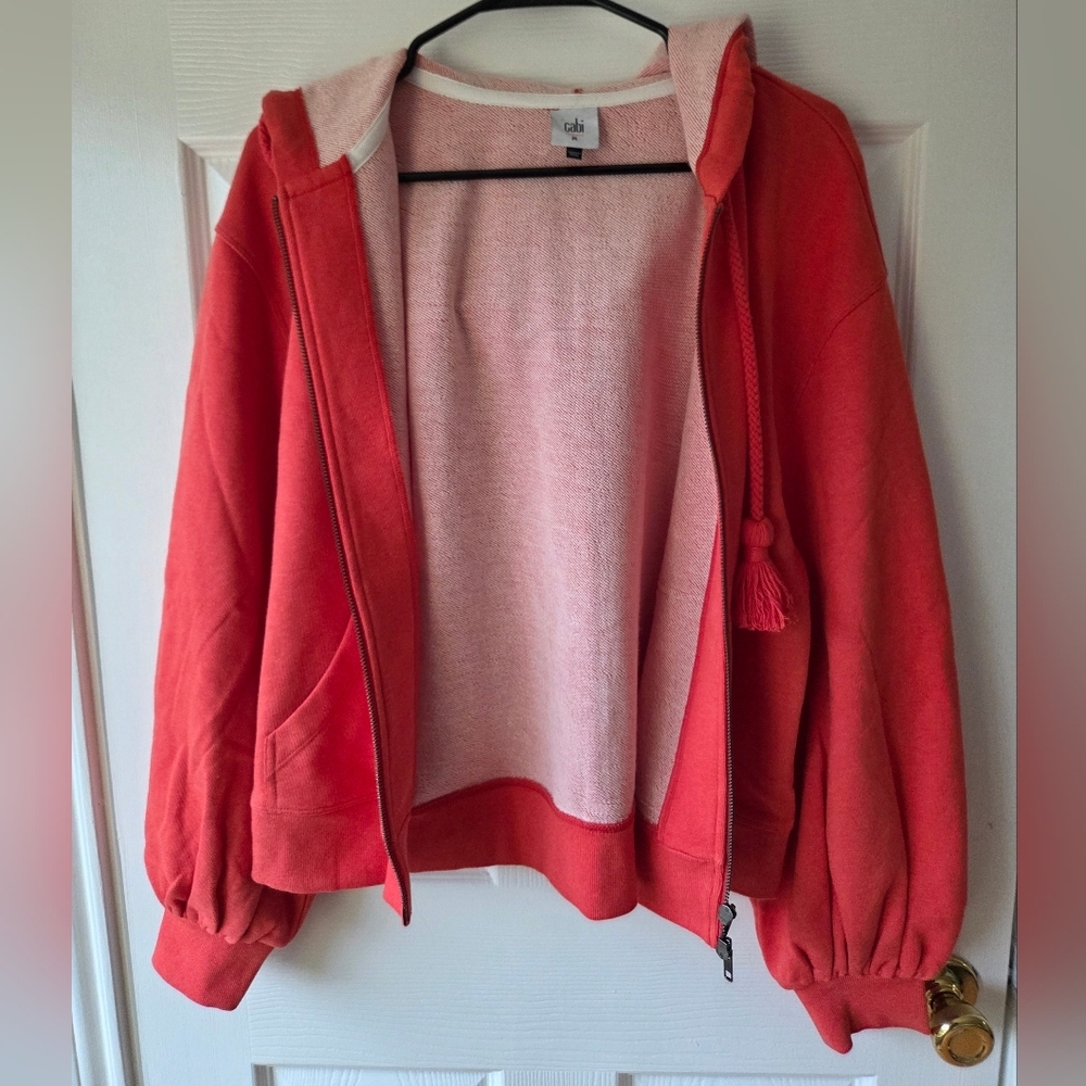 CABI Women's Deluxe Hoodie M Tangerine Coral Full Zip Tassle Drawstring - Picture 8 of 10